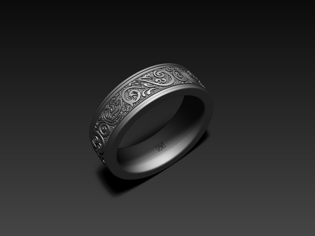 Ornamental ring featuring a continuous raised ornamental relief, shown from an alternate angle with a smooth comfort-fit shank and integrated maker’s mark.